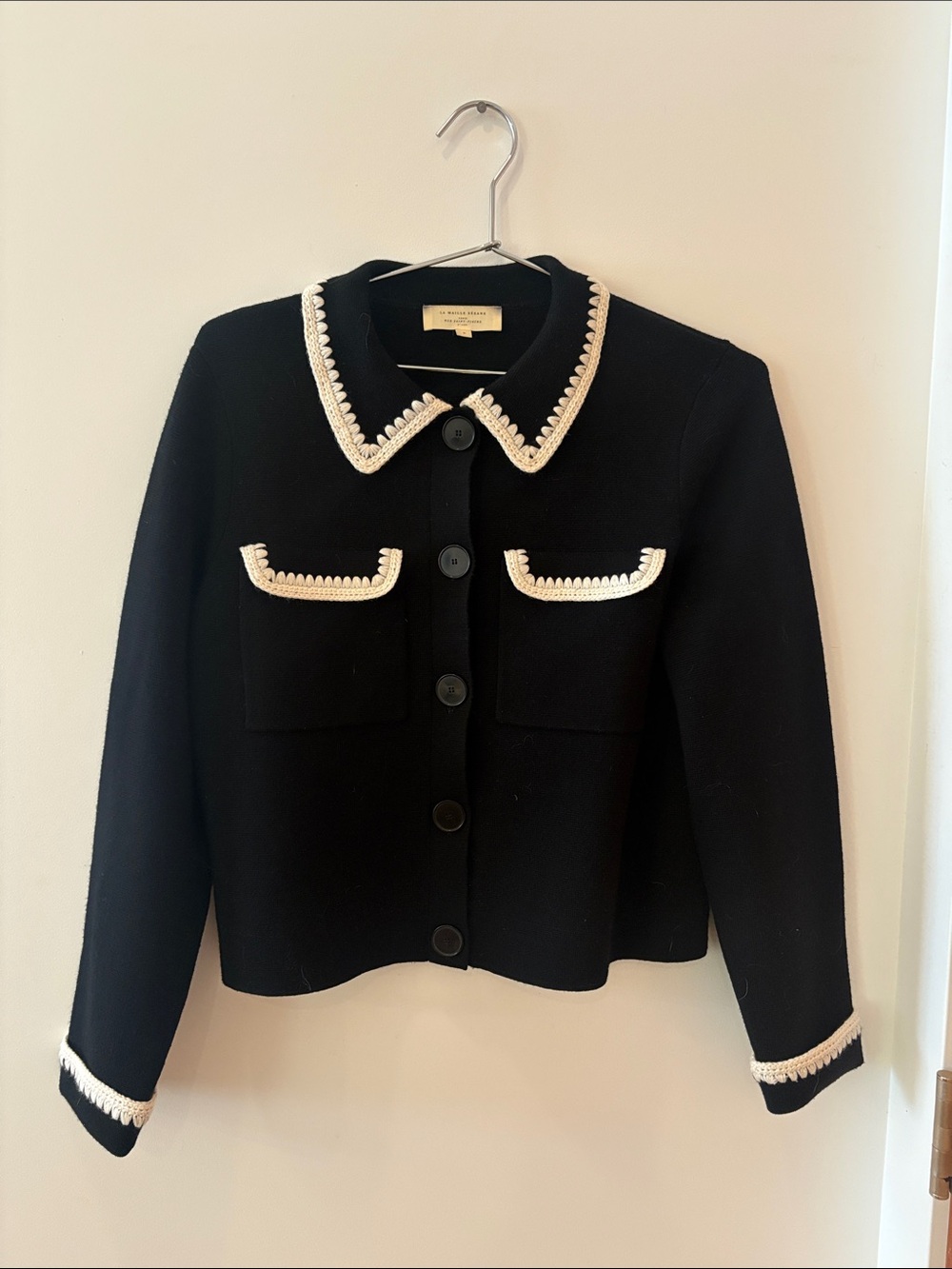 Sezane Black Cropped Blazer with White Trim